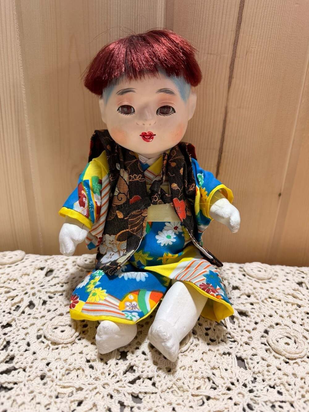 Vintage Japanese Ichimatsu Porcelain Boy Doll In Traditional Silk Kimono & Vest